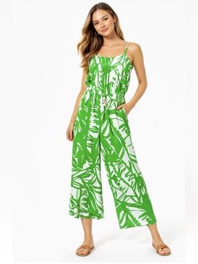 Lilly Pulitzer Boom Boom Sleeveless Jumpsuit Green White Palm Women’s Size M